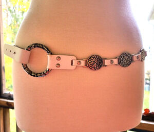 Vtg Antoniazzi Firenze White Leather Belt Silver Medallions Made in Italy M 39"